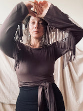 Load image into Gallery viewer, PHOENIX wrap-around top with fringe- Chocolate Brown with Feathers