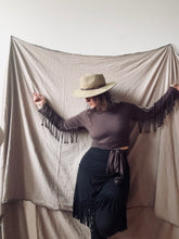 Load image into Gallery viewer, PHOENIX wrap-around top with fringe- Chocolate Brown with Feathers