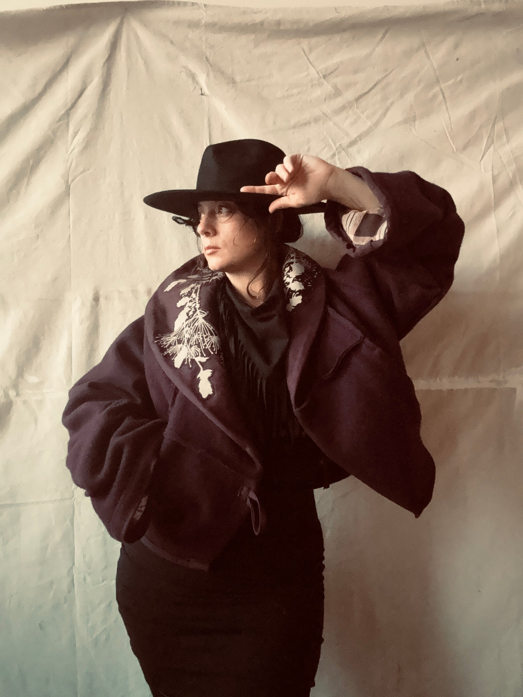 one-of-a-kind REVERE coat plum w/ print