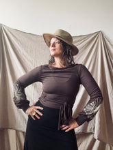 Load image into Gallery viewer, POET - reversible wrap-around top - Chocolate Brown with Hibiscus
