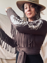 Load image into Gallery viewer, PHOENIX wrap-around top with fringe- Chocolate Brown with Feathers
