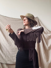 Load image into Gallery viewer, PHOENIX wrap-around top with fringe- Chocolate Brown with Feathers
