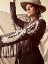 Load image into Gallery viewer, PHOENIX wrap-around top with fringe- Chocolate Brown with Feathers
