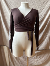 Load image into Gallery viewer, PHOENIX wrap-around top with fringe- Chocolate Brown with Feathers
